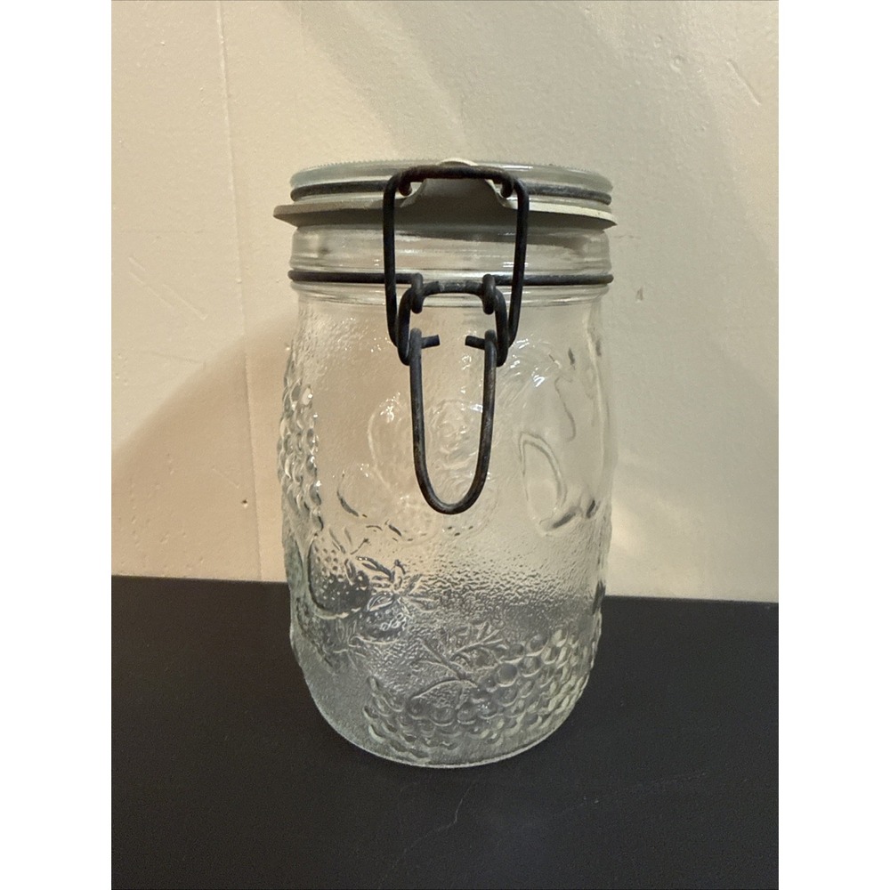 Vintage WHEATON Fine Glassware Storage Jar  Embossed Fruit 1L Marked